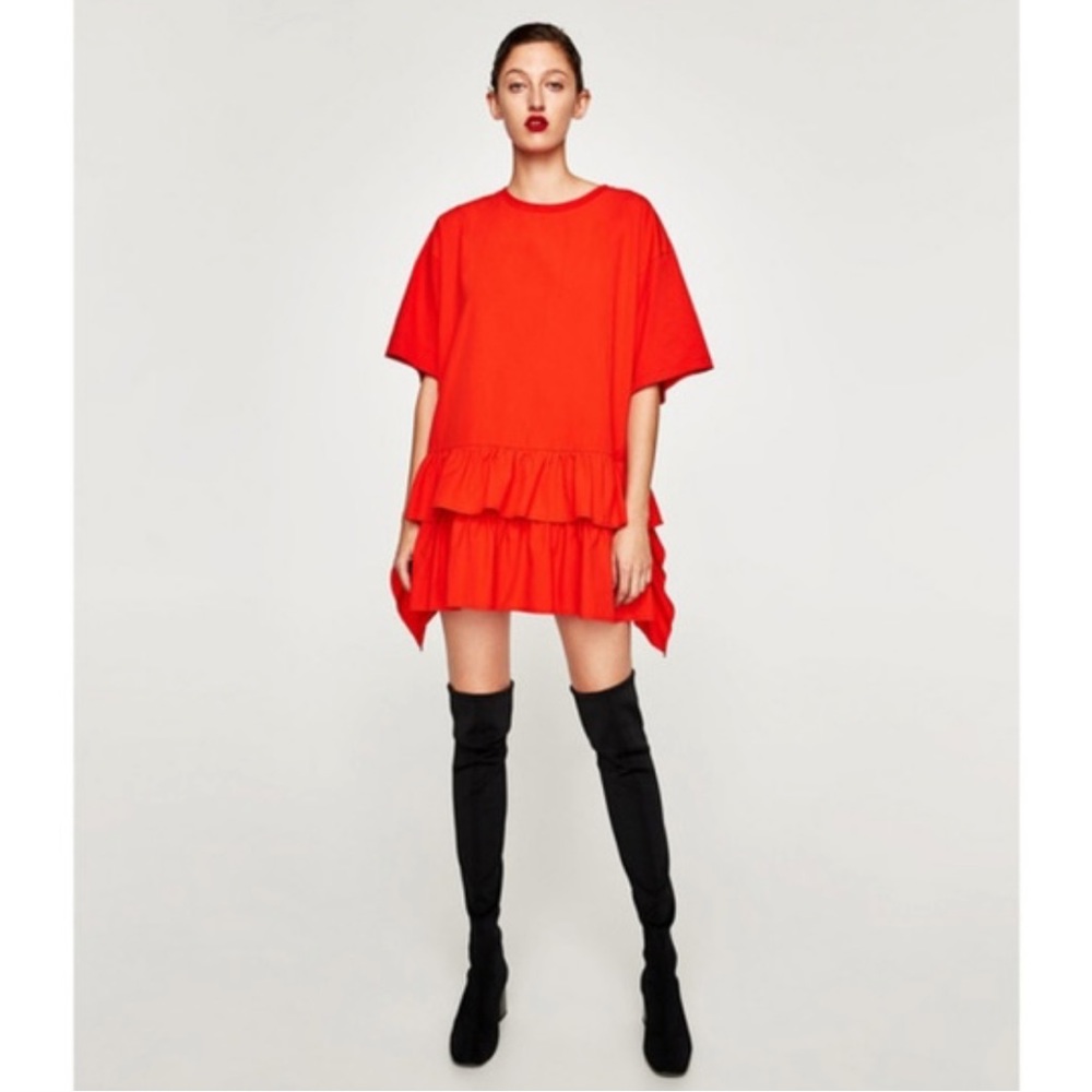 ZARA POPLIN DRESS WITH CONTRASTING RUFFLE